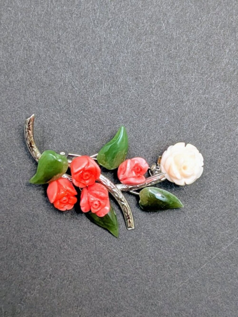 Vintage Carved Rose Flower Brooch Coral Pink Green & Ivory Floral Branch Pin